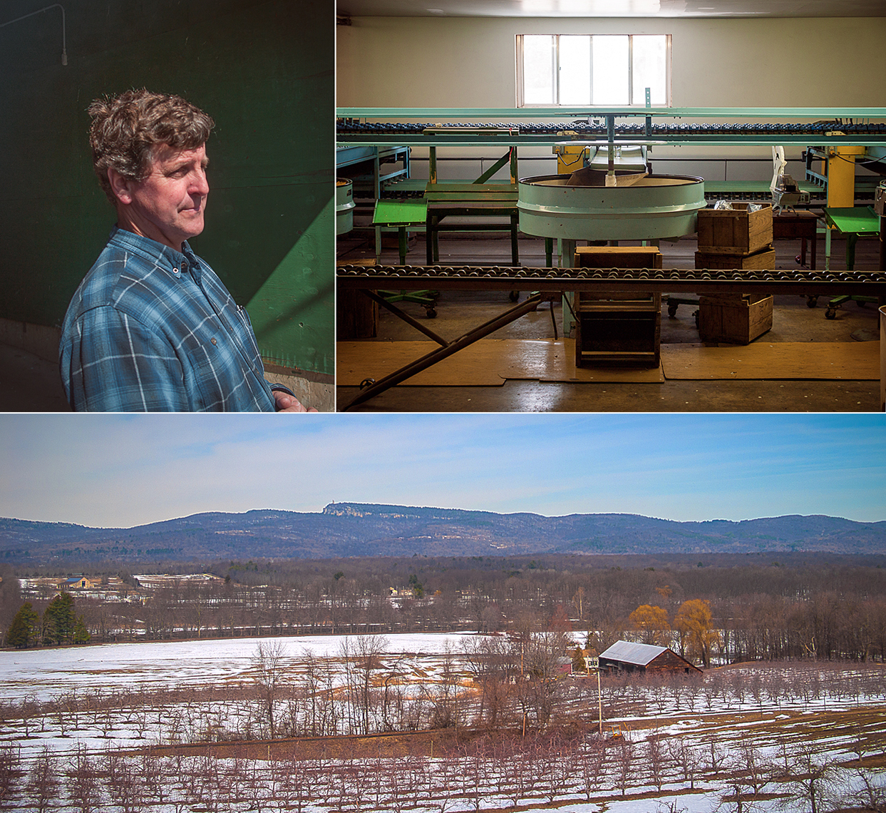 Clockwise from top left: Rod Dressel Jr.. The sorting line on a rare day off. A winter’s view of the “Gunks”.